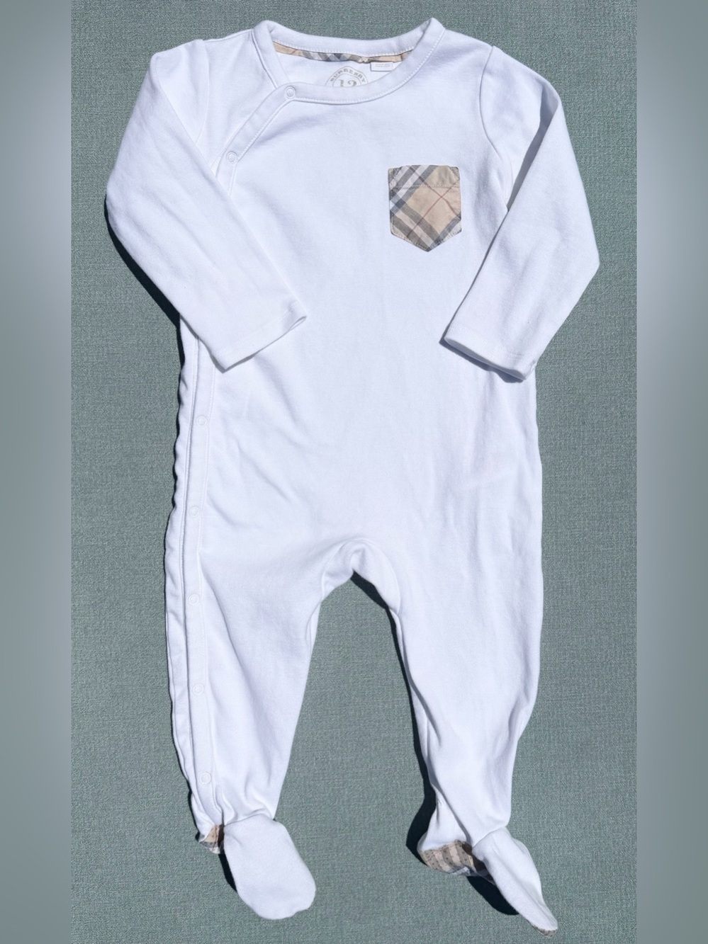 Burberry White Long-Sleeve Baby Sleepsuit with Signature Check Pocket